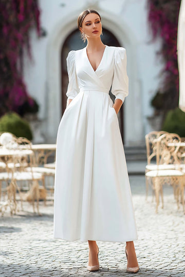 Ivory V Neck A Line Satin Engagement Dress